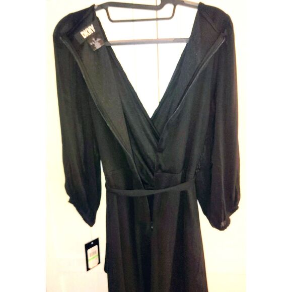 NWT DKNY Balloon Half Sleeve Faux Wrap Midi Dress Size 8 Black Cocktail Evening - Picture 4 of 10